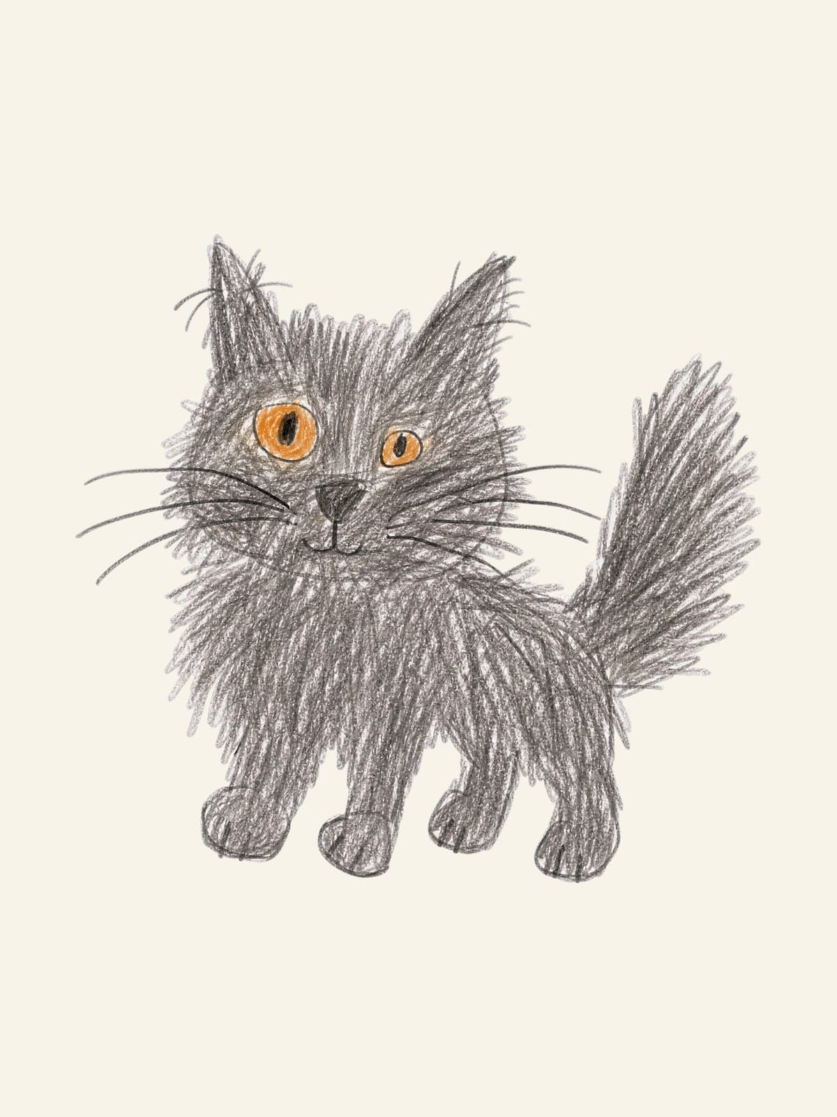 A gloriously scruffy gray cat drawn in the Kid Crayon style